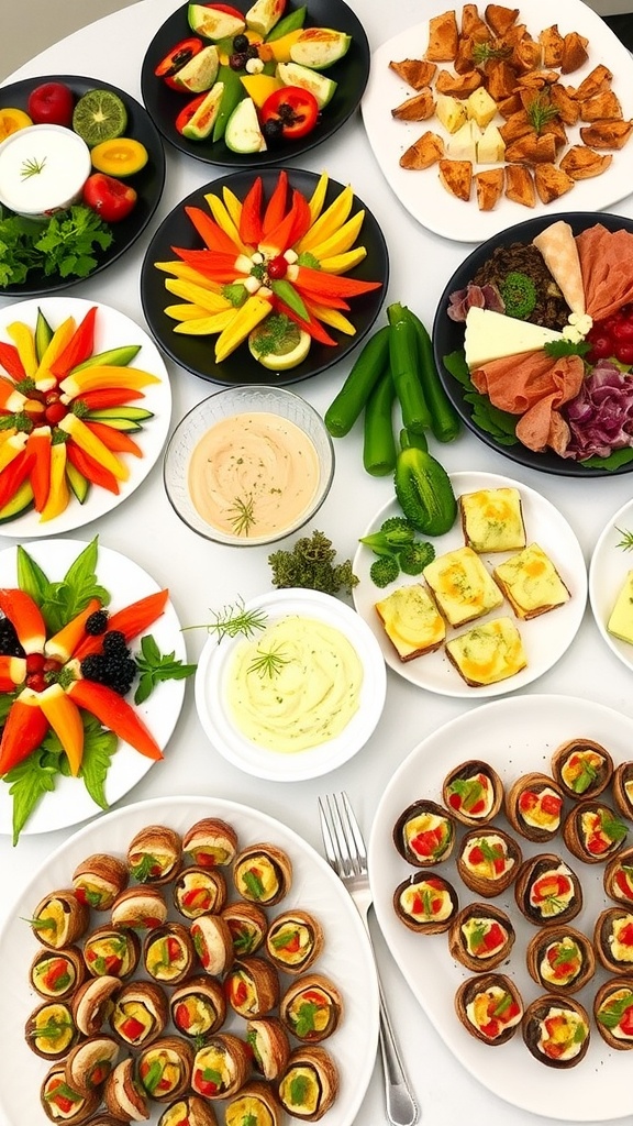 A table full of appetizers including a vegetable platter, cheese board, and stuffed mushrooms for a potluck.